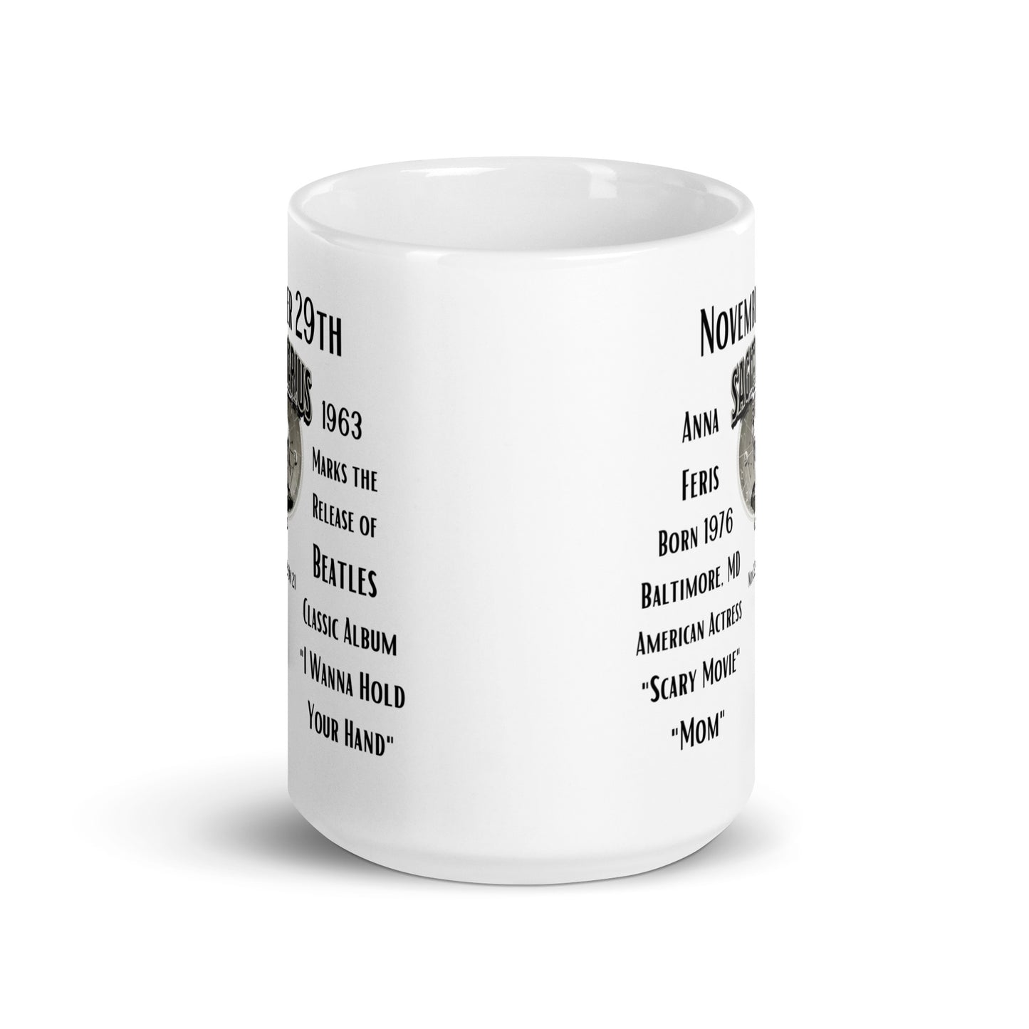 On This Day: Birthday Series - November 29th - (A) Anna Faris & The Beatles - White glossy mug