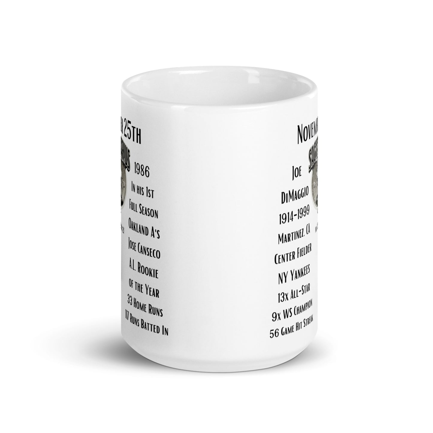 On This Day: Birthday Series - November 25th - (A) Joe DiMaggio & Jose Canseco - White glossy mug