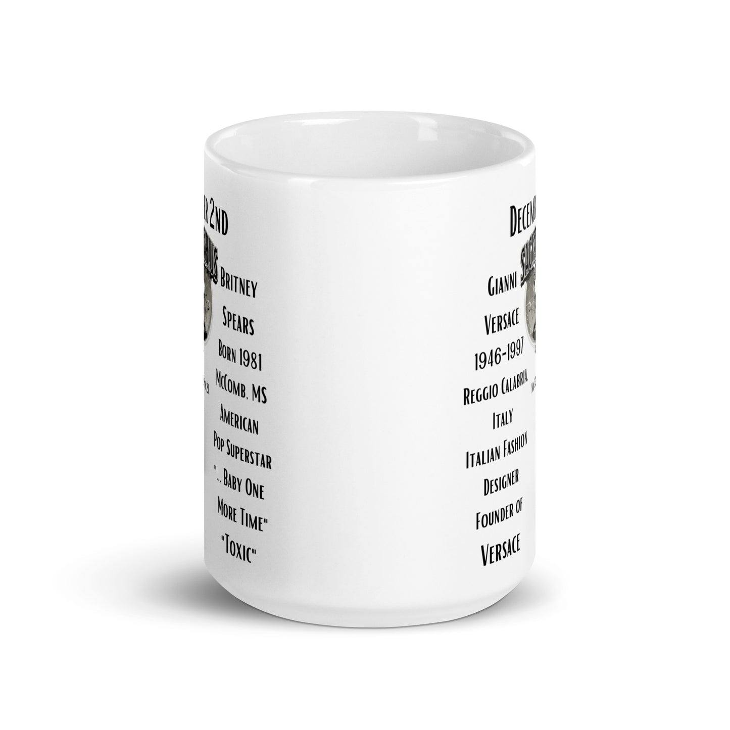 On This Day: Birthday Series - December 02nd - (B) Gianni Versace & Britney Spears - White glossy mug