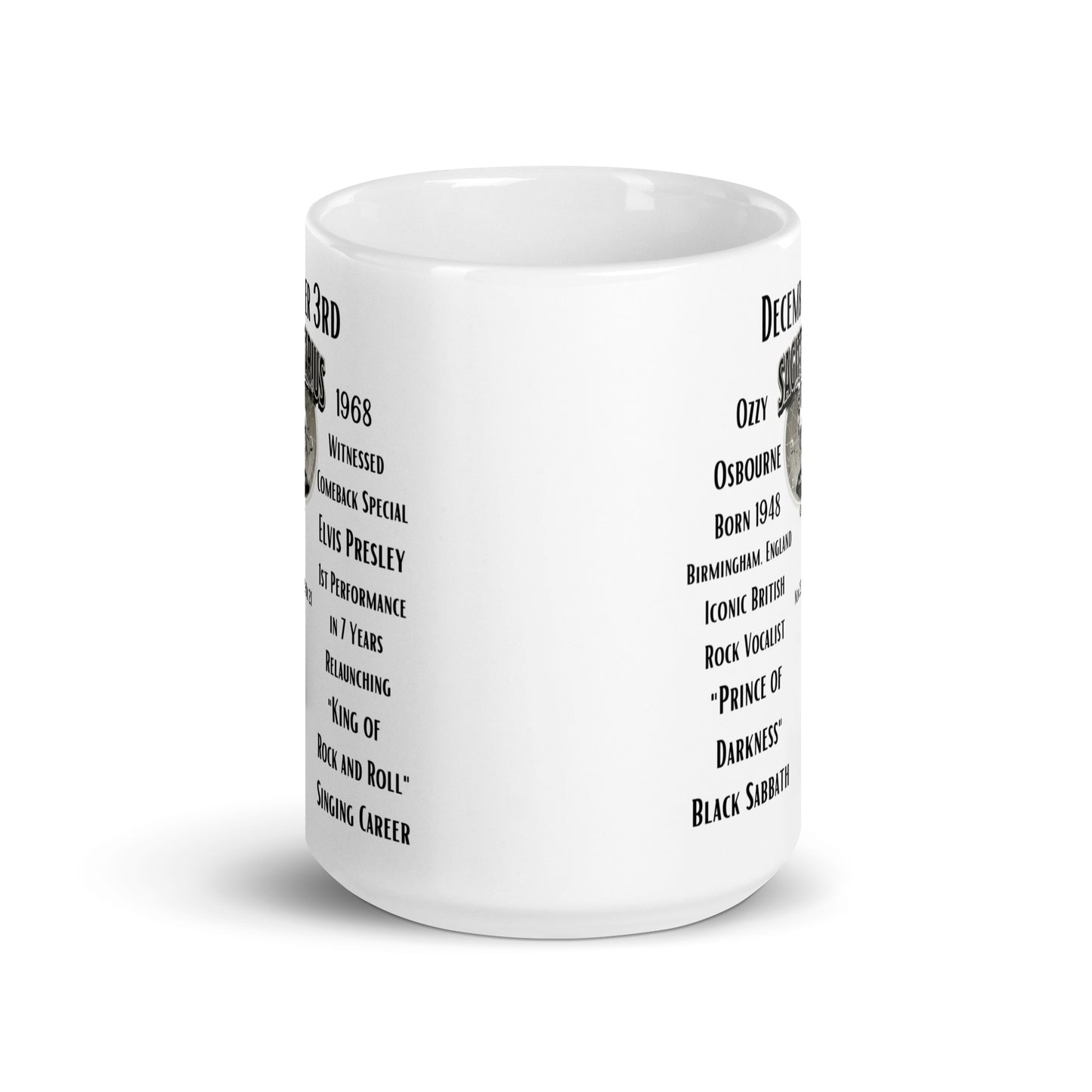 on This Day: Birthday Series - December 03rd - (A) Ozzy Osbourne & Elvis Presley - White glossy mug