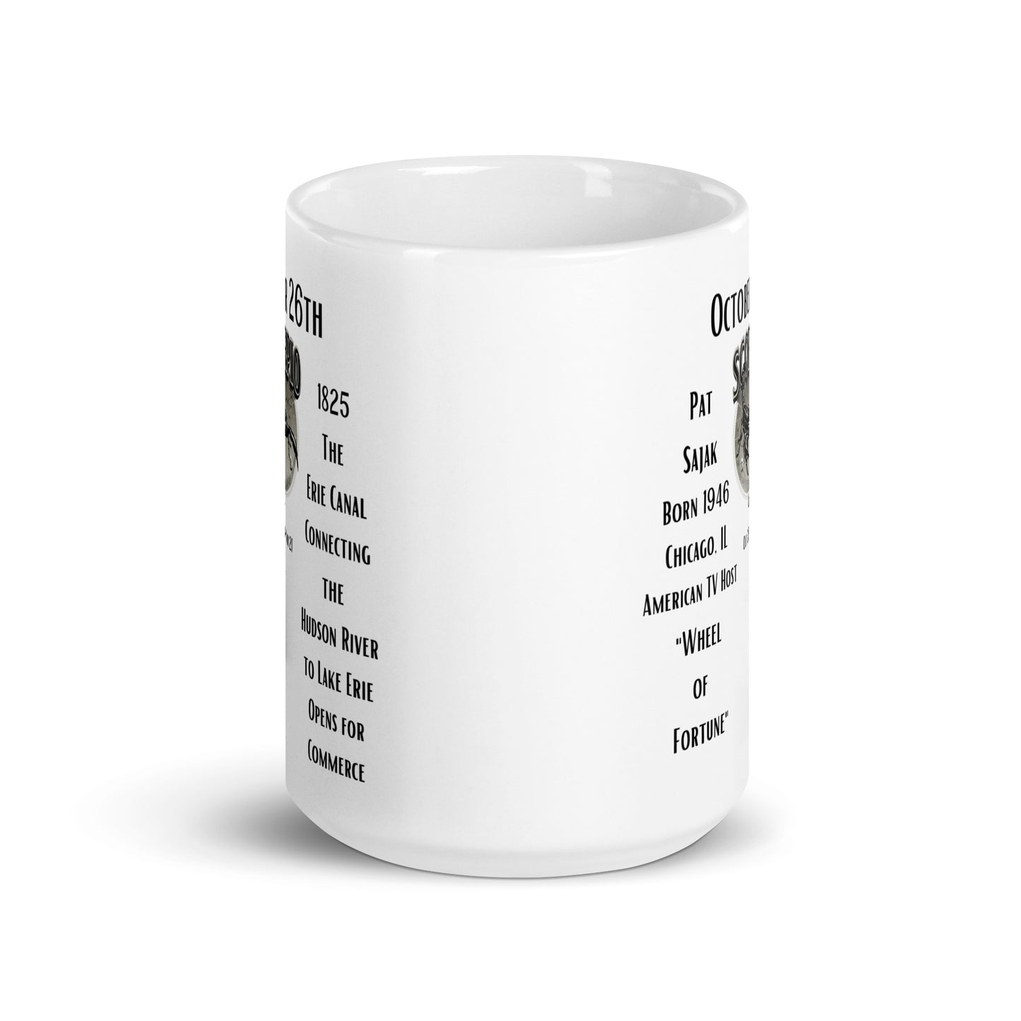 On This Day: Birthday Series - October 26th - (A) Pat Sajak & The Erie Canal -White glossy mug