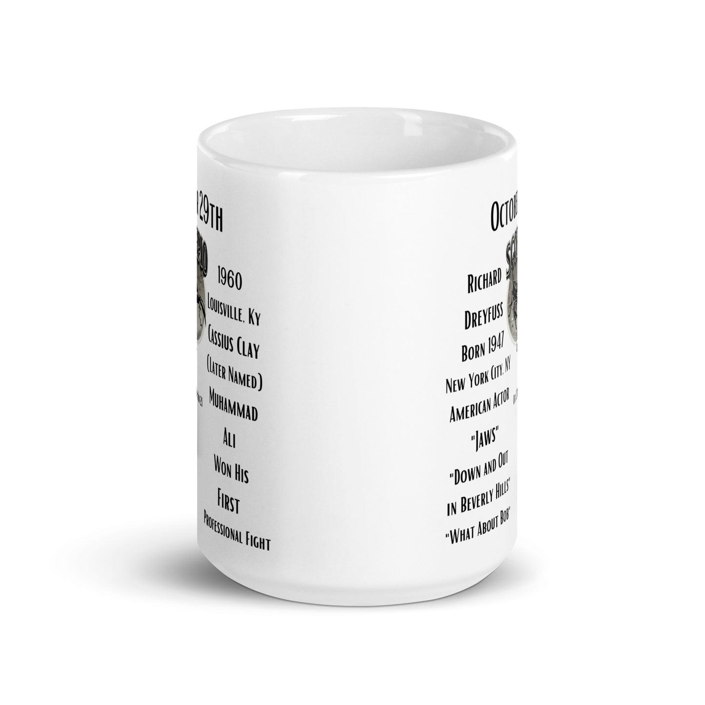 On This Day: Birthday Series - October 29th - (A) Richard Dreyfuss & Cassius Clay - White glossy mug