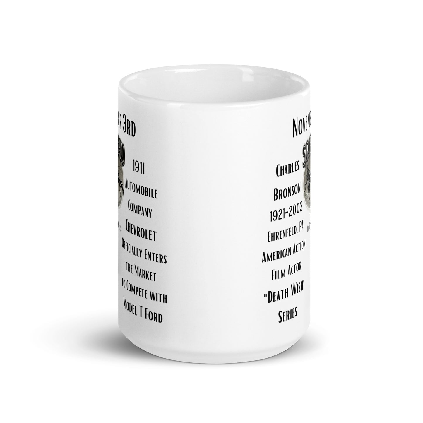 On This Day: Birthday Series - November 03rd - (D) Charles Bronson & Chevrolet - White glossy mug