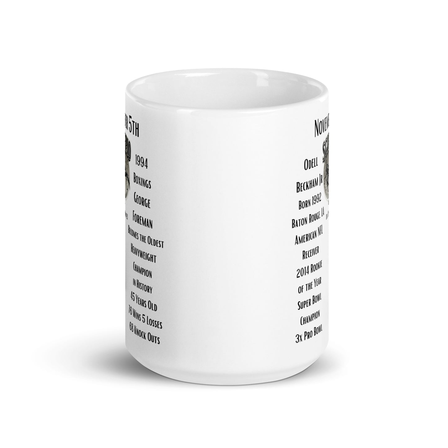 On This Day: Birthday Series - November 05th - (C)  Odell Beckham Jr. & George Foreman - White glossy mug