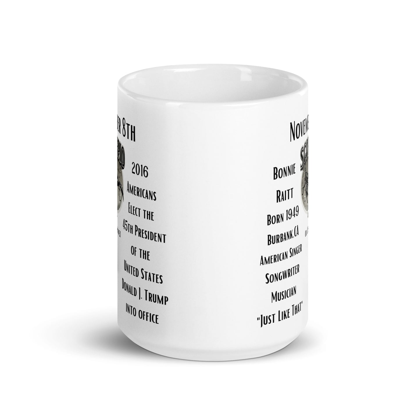 On This Day: Birthday Series - November 08th - (A) Bonnie Raitt & Donald Trump - White glossy mug