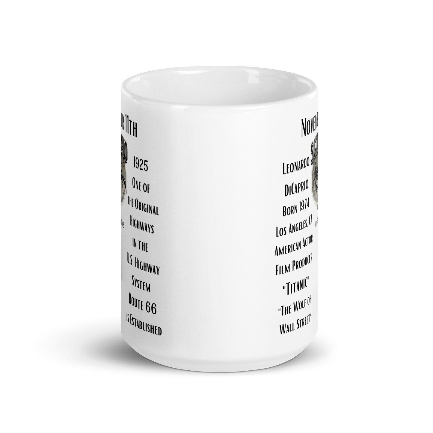 On This Day: Birthday series - November 11th - (B) Leonardo DiCaprio & Route 66 - White glossy mug