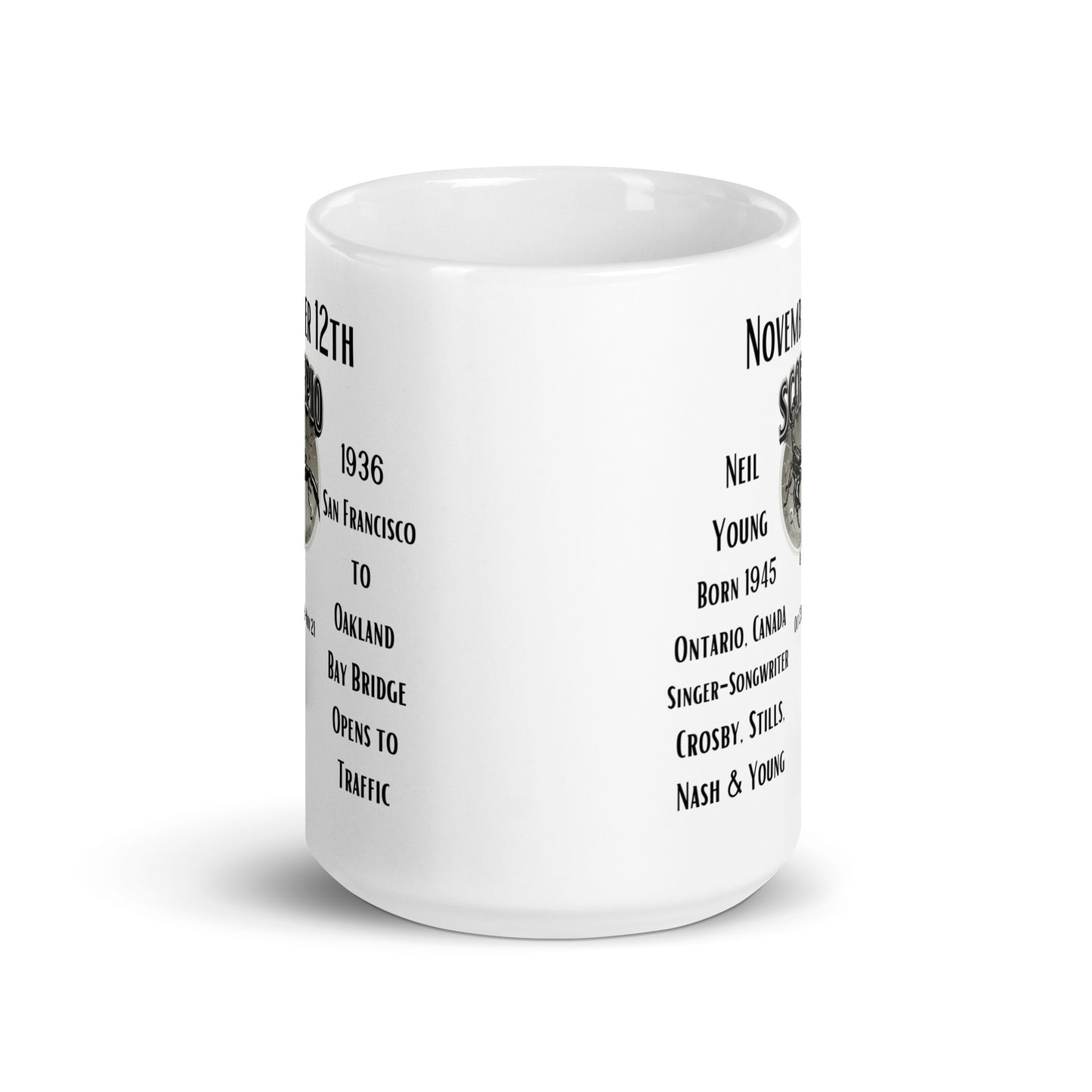 On This Day: Birthday Series - November 12th - (B) Neil Young & Bay Bridge - White glossy mug