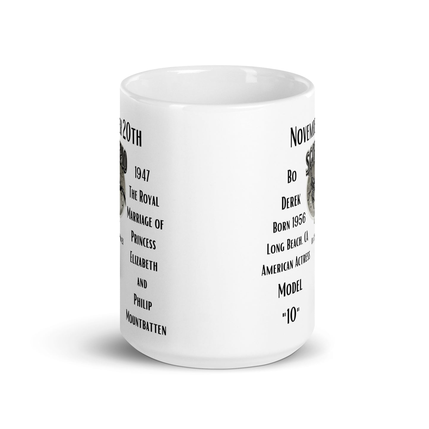 On This Day: Birthday Series - November 20th - (C) Bo Derek & Queen Elizabeth - White glossy mug