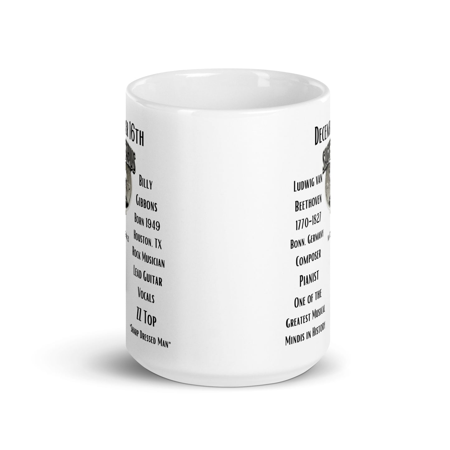 On This Day: Birthday Series - December 16th - (A) Ludwig van Beethoven & Billy Gibbons - White glossy mug