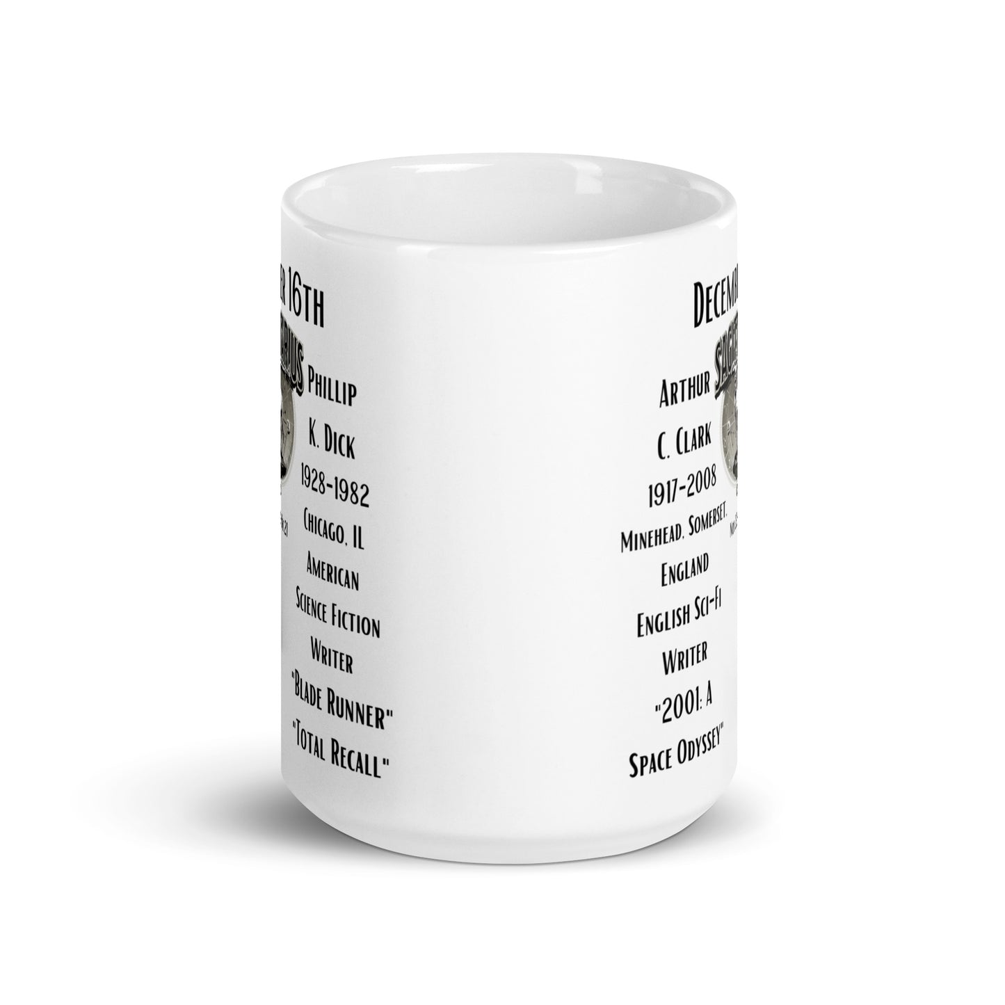 On This Day: Birthday Series - December 16th - (D) Arthur C. Clark & Philip K. Dick - White glossy mug