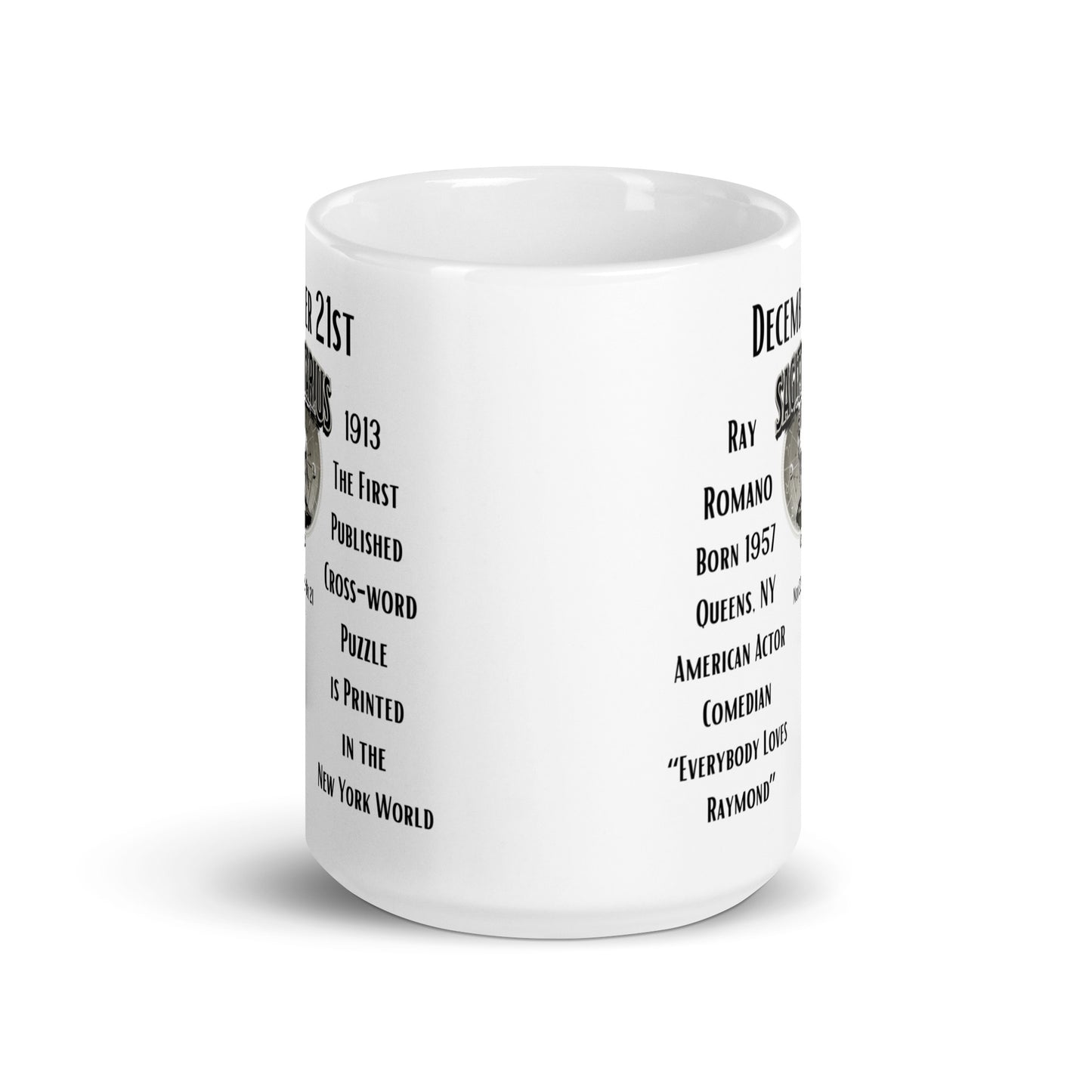 On This Day: Birthday Series - December 21 - (C) Ray Romano & 1st Cross-Word Puzzle - White glossy mug