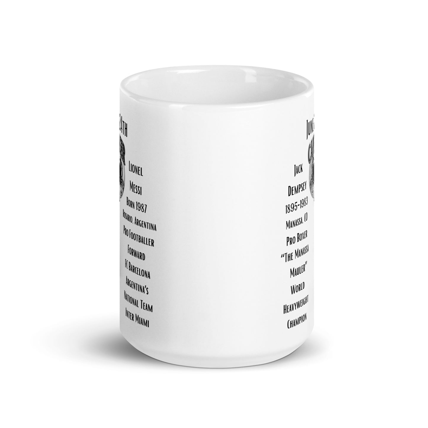 On This Day: Birthday Series - June 24th - (A) Jack Dempsey & Lionel Messi - White glossy mug