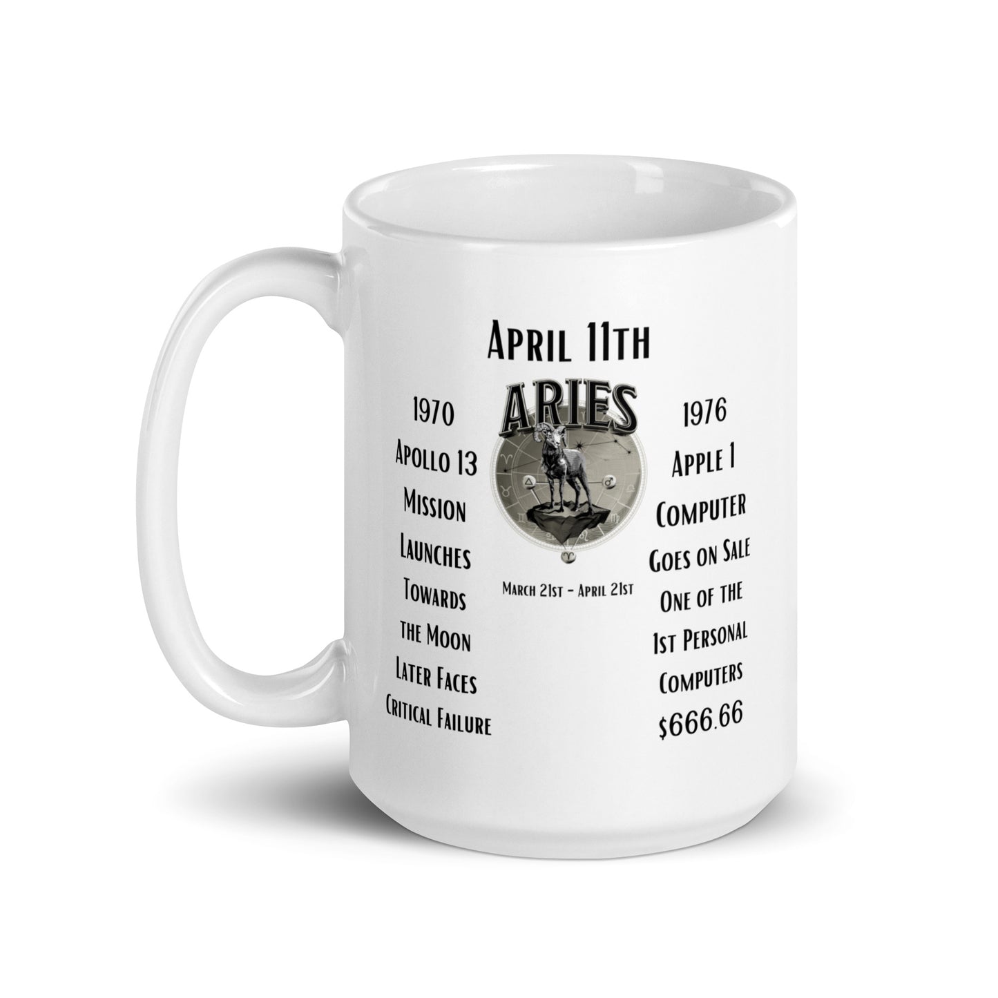 On This Day: Birthday Series - April 11th - (A) Apollo 13 Launches & Apple 1 Goes on Sale - White glossy mug