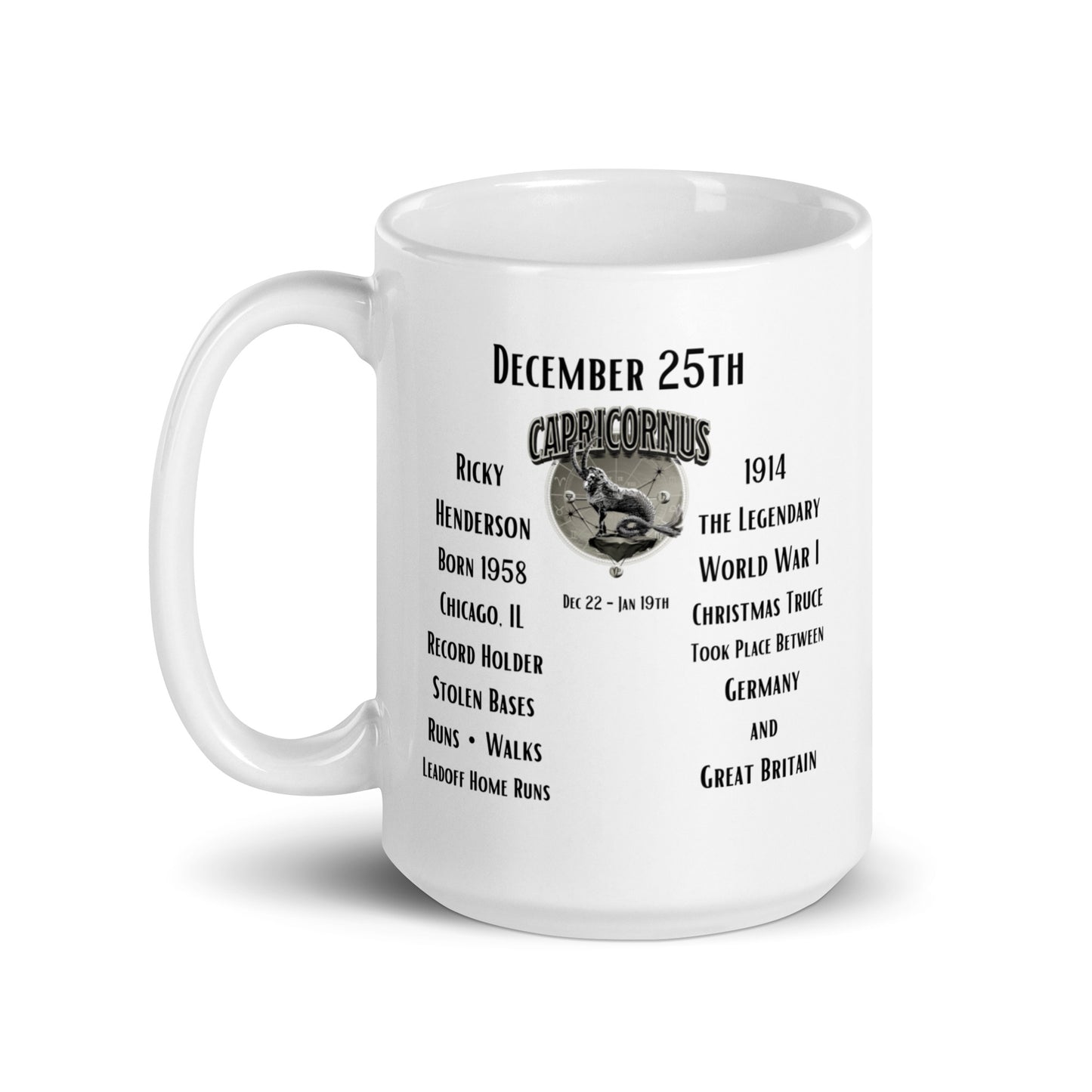 On This Day: Birthday Series - December 25th - (A) Ricky Henderson & World War 1 Christmas Truce - White glossy mug