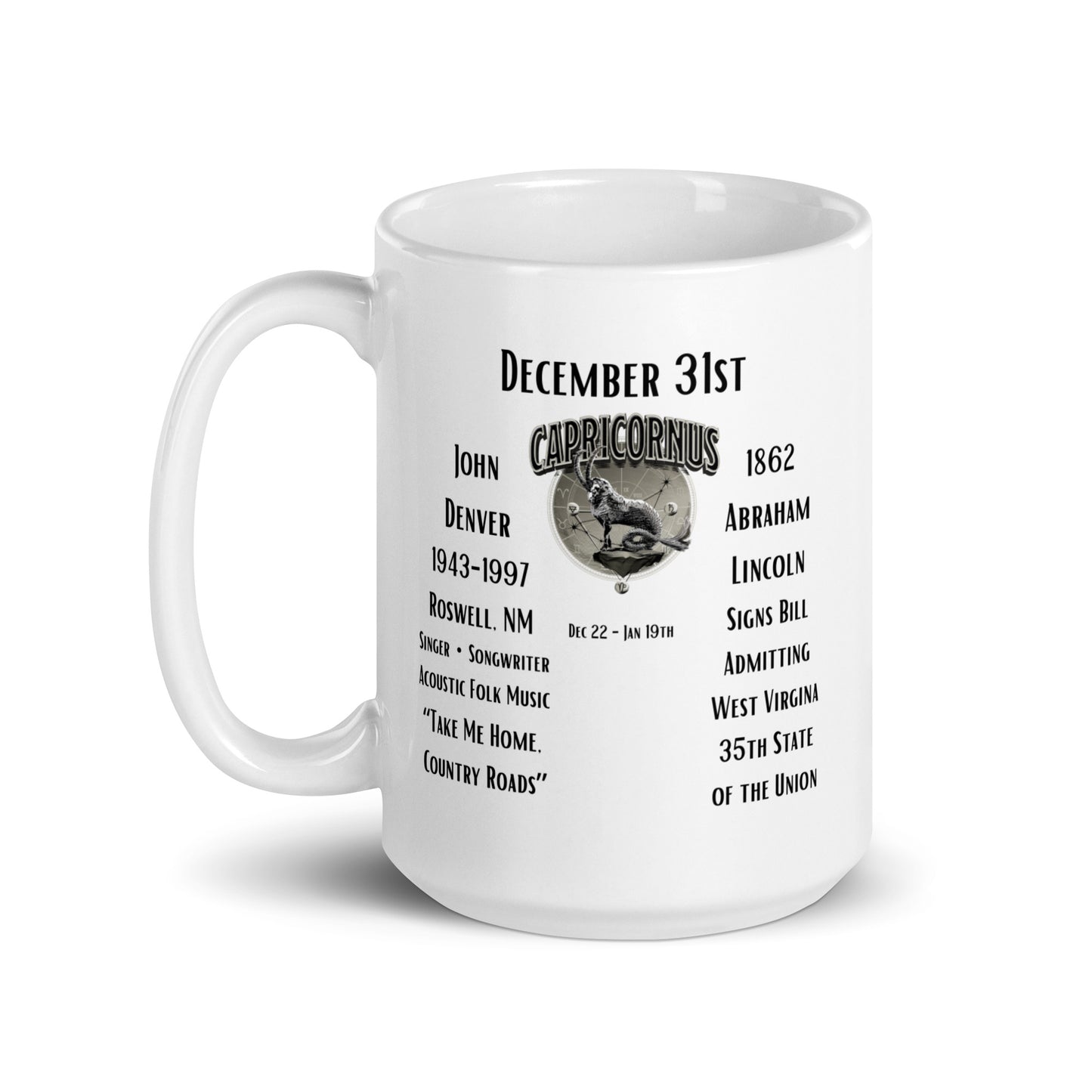 On This Day: Birthday Series - December 31st - (C) John Denver & West Virginia - White glossy mug