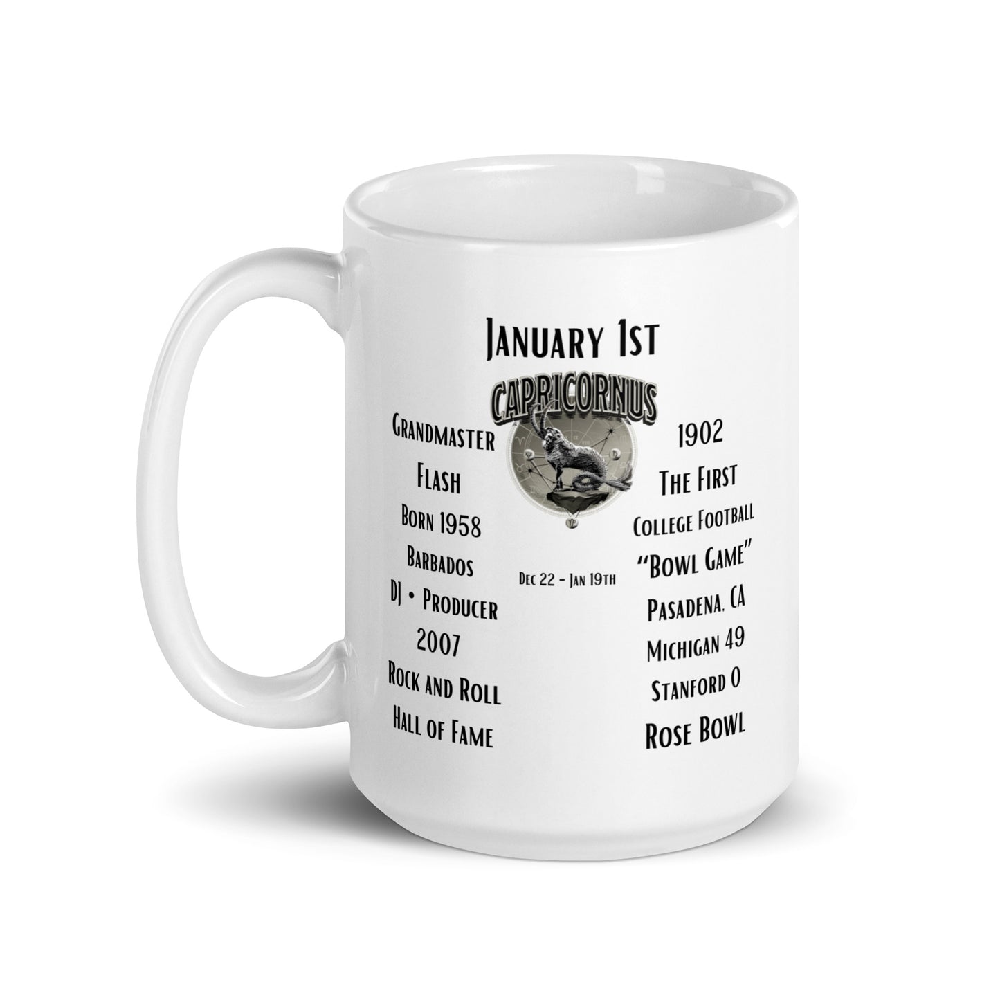 On This Day: Birthday Series - January 01st - (B) Grandmaster Flash & 1st College Football "Bowl Game" - White glossy mug