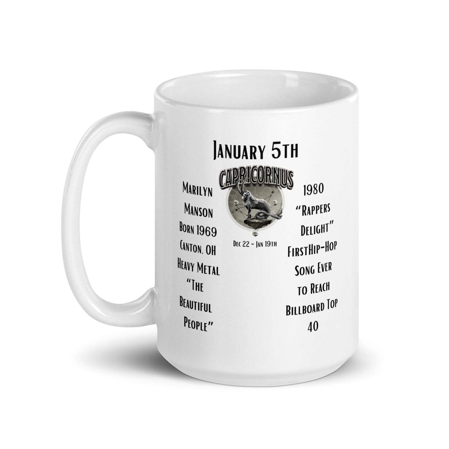 On This Day: Birthday Series - January 05th - (B) Marilyn Manson & "Rappers Delight" - White glossy mug