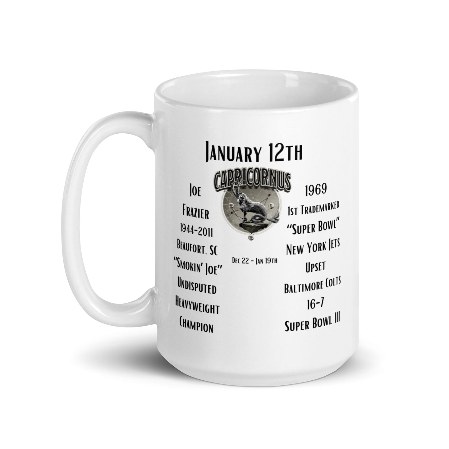 On This Day: Birthday Series - January 12th - (B) Joe Frazier & Super Bowl III - White glossy mug