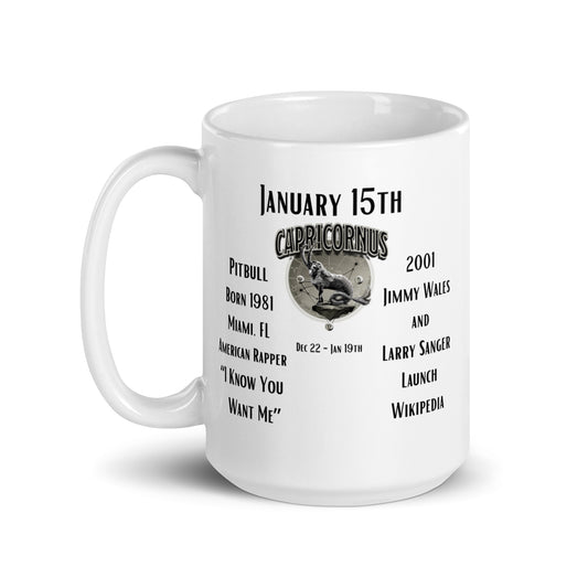 On This Day: Birthday Series - January 15th - (C) Pitbull & Wikipedia - White glossy mug