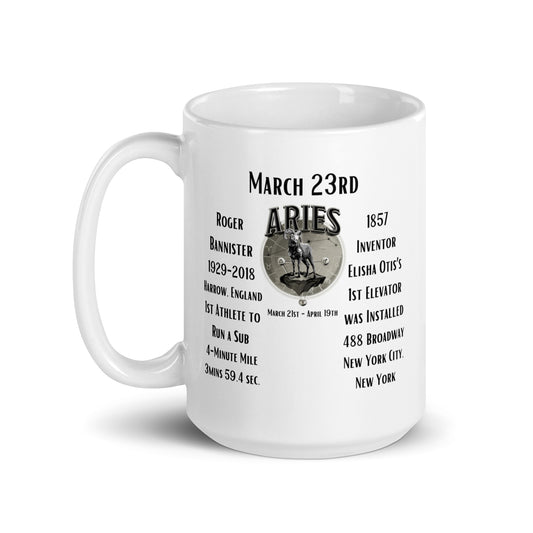 On This Day: Birthday Series - March 23rd - (A) Roger Bannister & 1st Elevator was Installed - White glossy mug