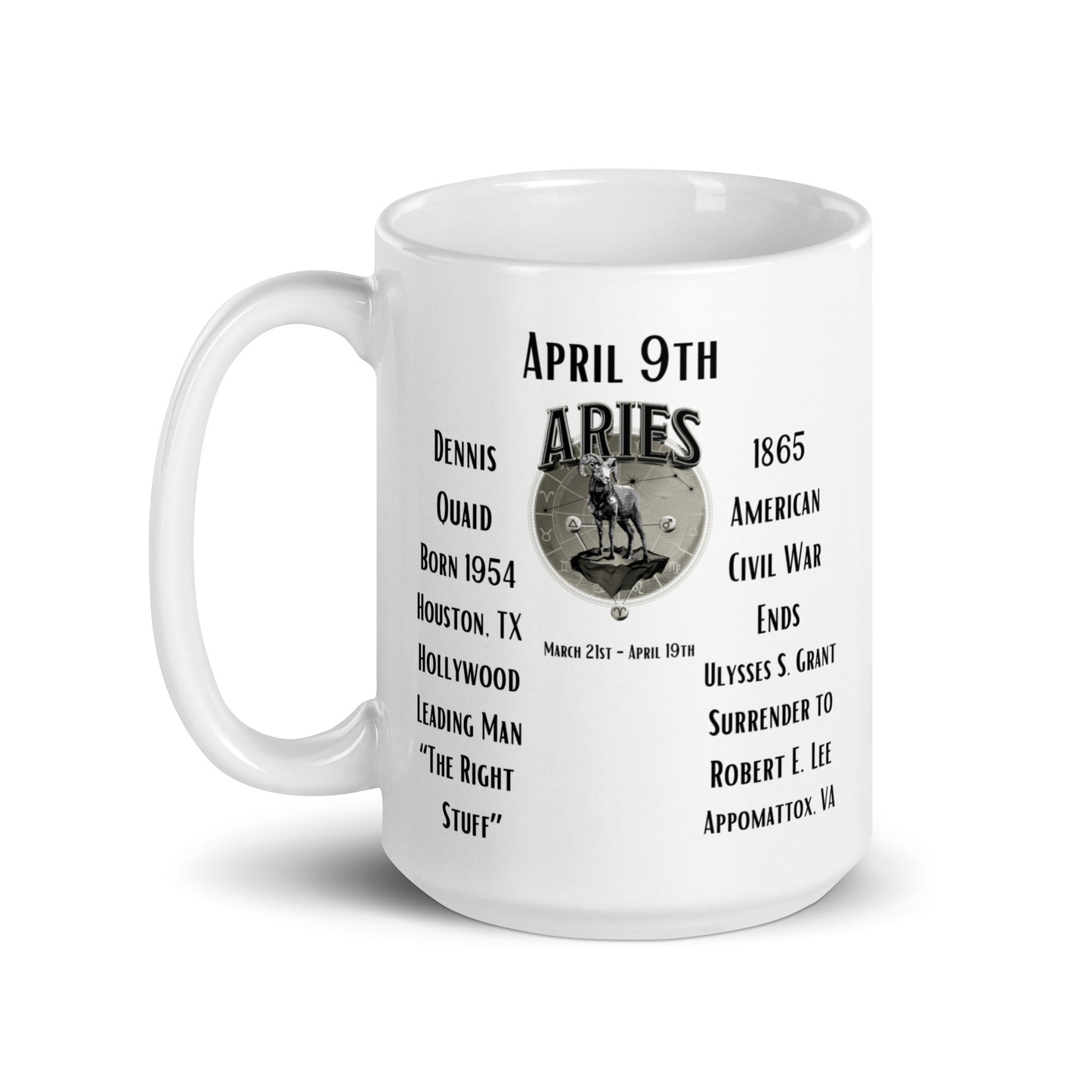 On This Day: Birthday Series - April 09th - (B) Dennis Quaid & American Civil War Ends - White glossy mug