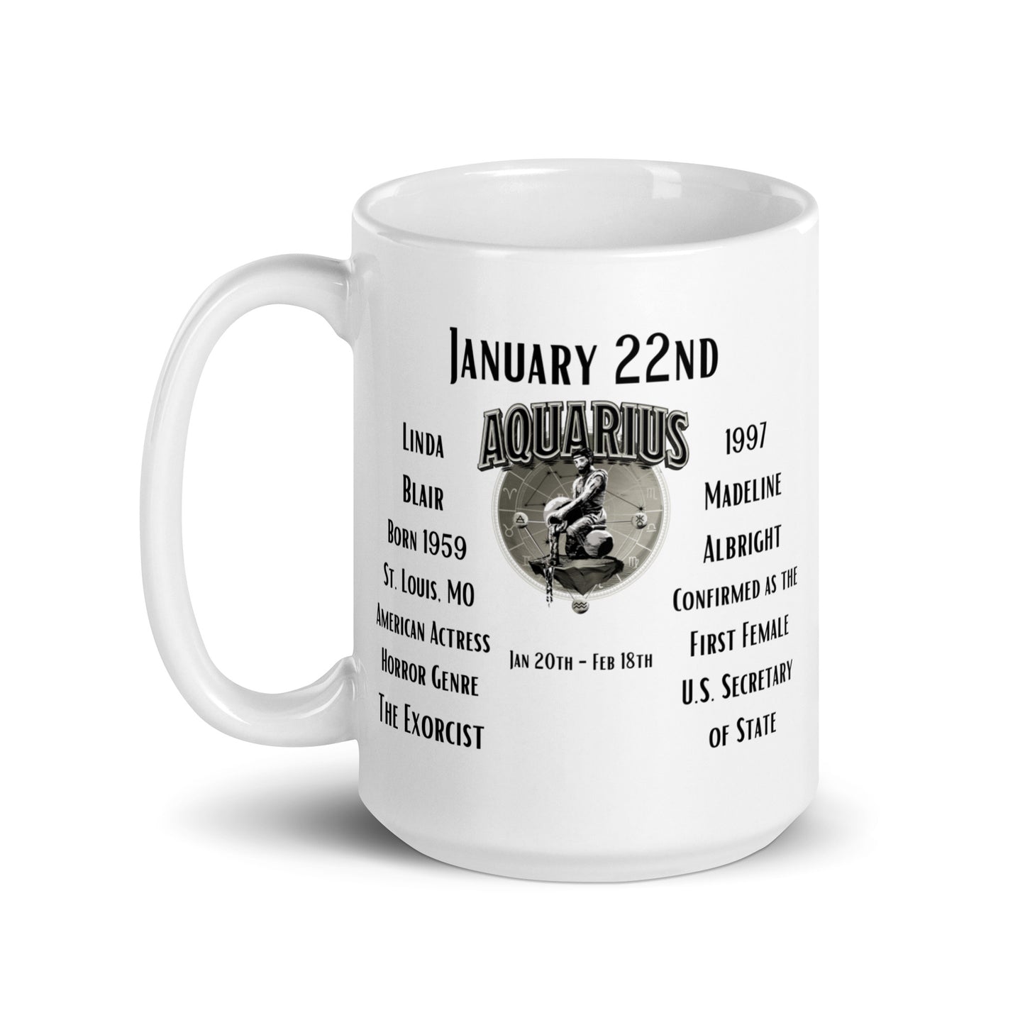 On This Day: Birthday Series - January 22nd - (B) Linda Blair & Madeline Albright - White glossy mug