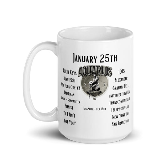 On This Day: Birthday Series - January 25th - (A) Alicia Keys & 1st U.S. Transcontinental Phone Call - White glossy mug