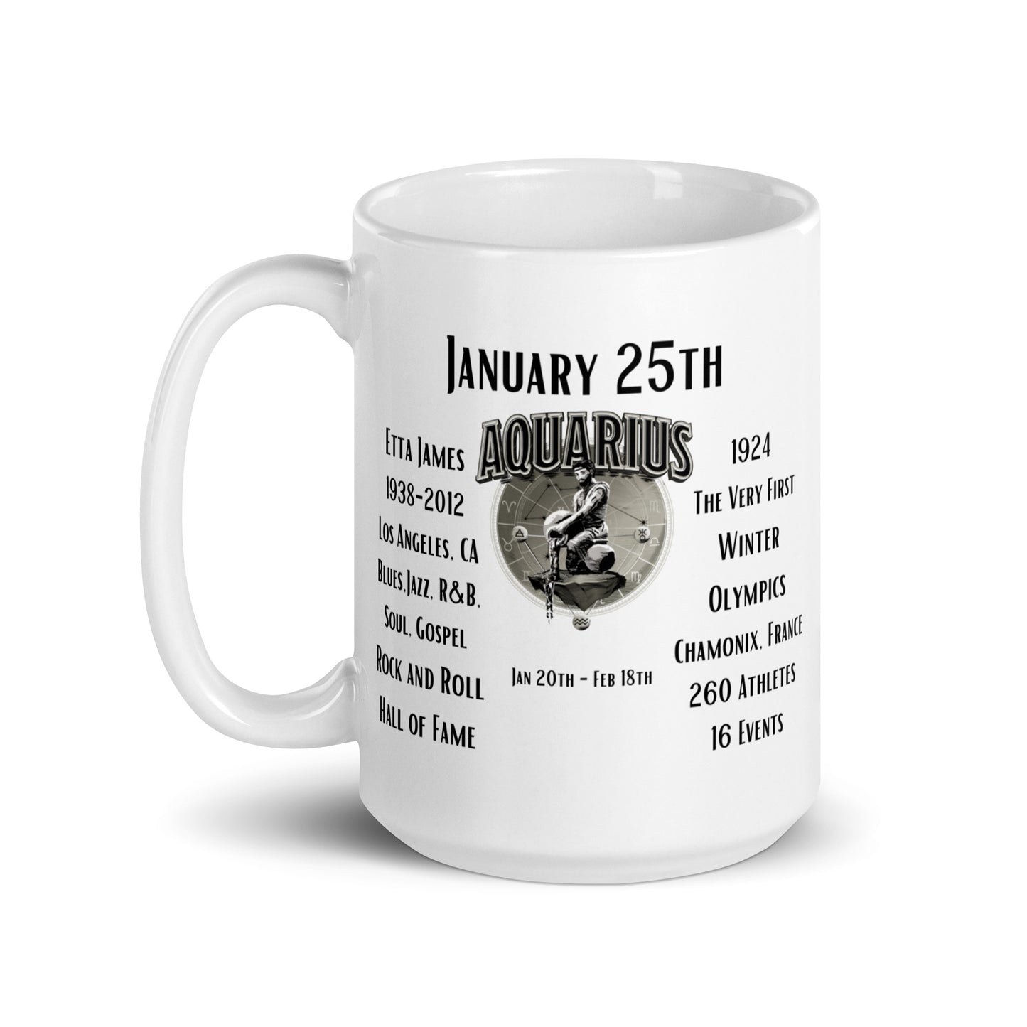 On This Day: Birthday Series - January 25th - (B) Etta James & The 1st Winter Olympics - White glossy mug