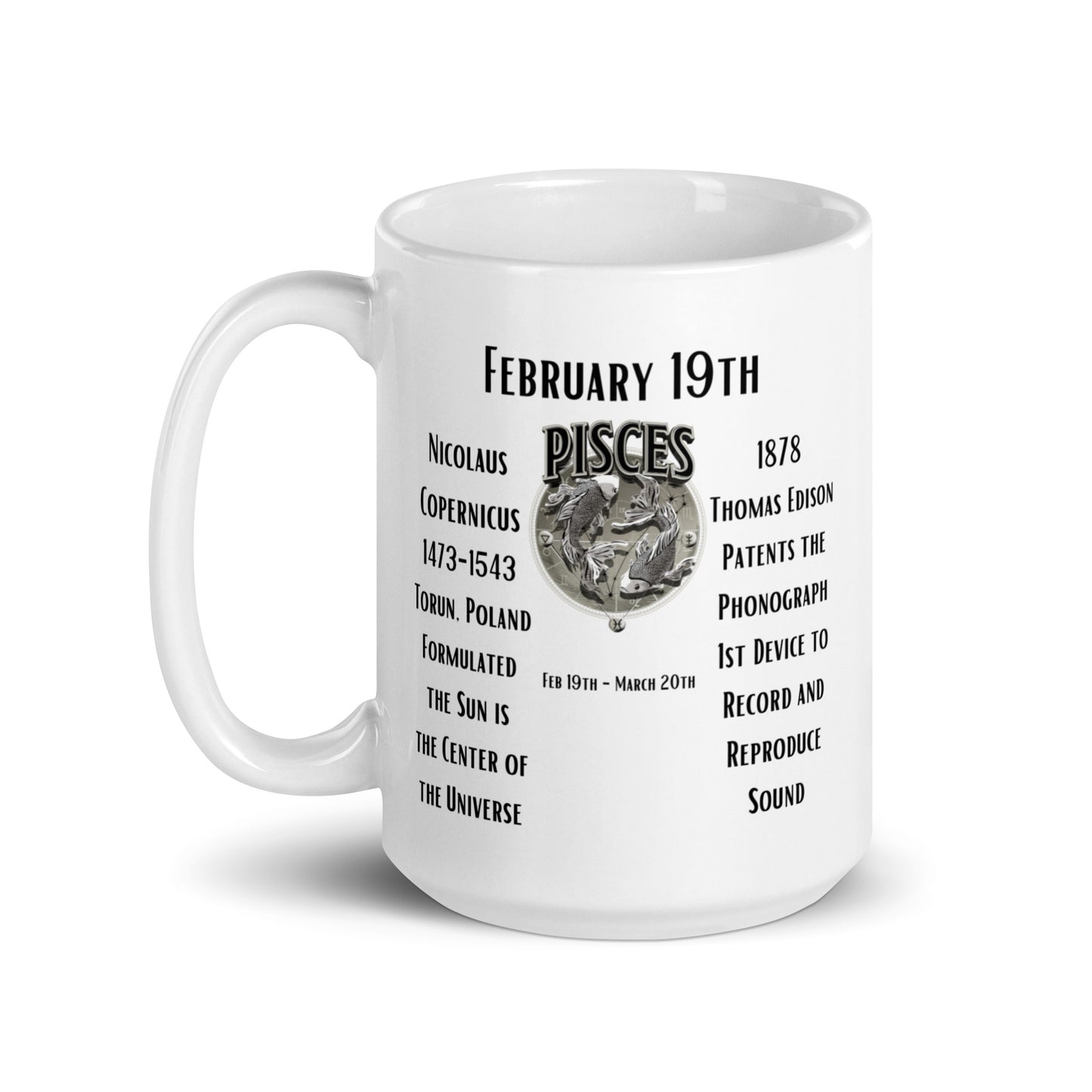 On This Day: Birthday Series - February 19th - (B) Nicolaus Copernicus & the Phonograph - White glossy mug