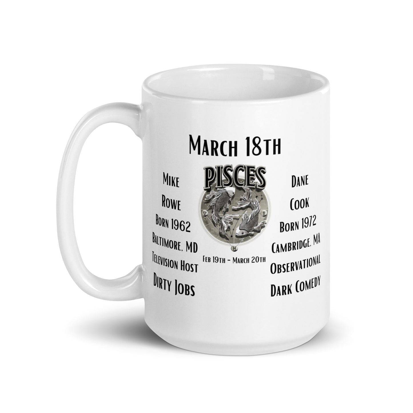 On This Day: Birthday Series - March 18th - (A) Mike Rowe & Dane Cook - White glossy mug