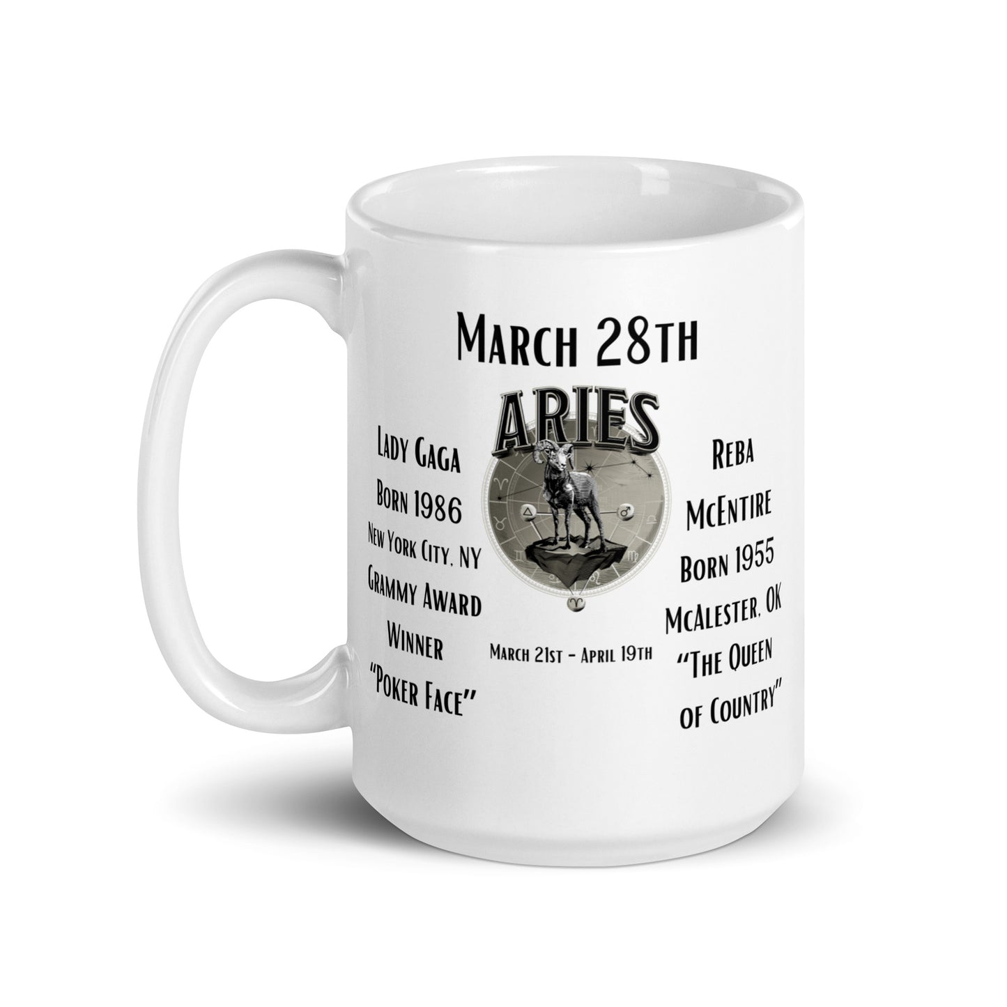 On This Day: Birthday Series - March 28th - (A) Lady Gaga & Reba McEntire - White glossy mug