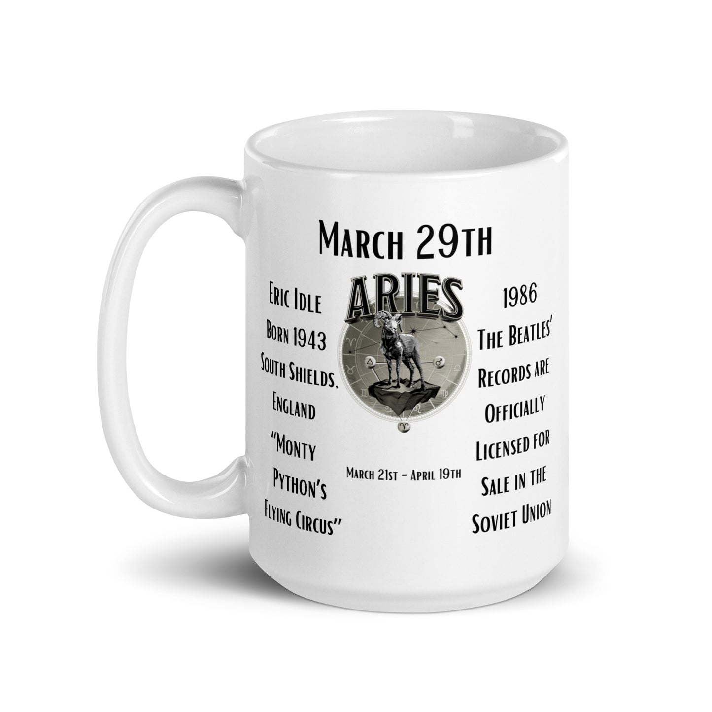 On This Day: Birthday Series - March 29th - (B) Eric Idle & The Beatles - White glossy mug