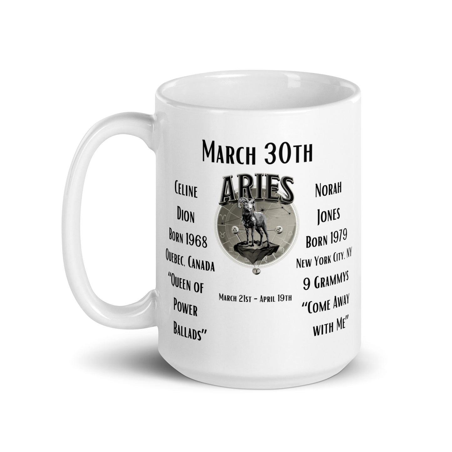 On This Day: Birthday Series - March 30th - (B) Celine Dion & Norah Jones - White glossy mug