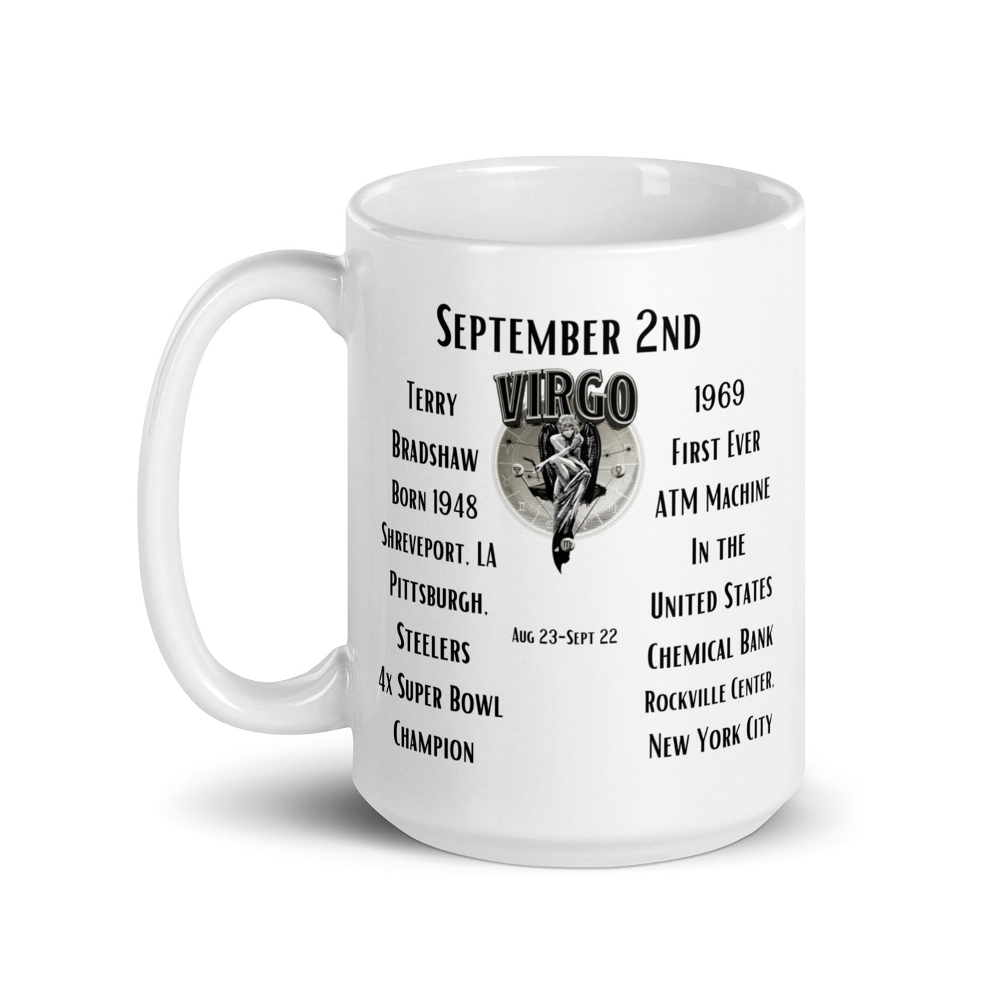 On This Day: Birthday Series - September 02nd - (B) Terry Bradshaw & First ATM - White glossy mug