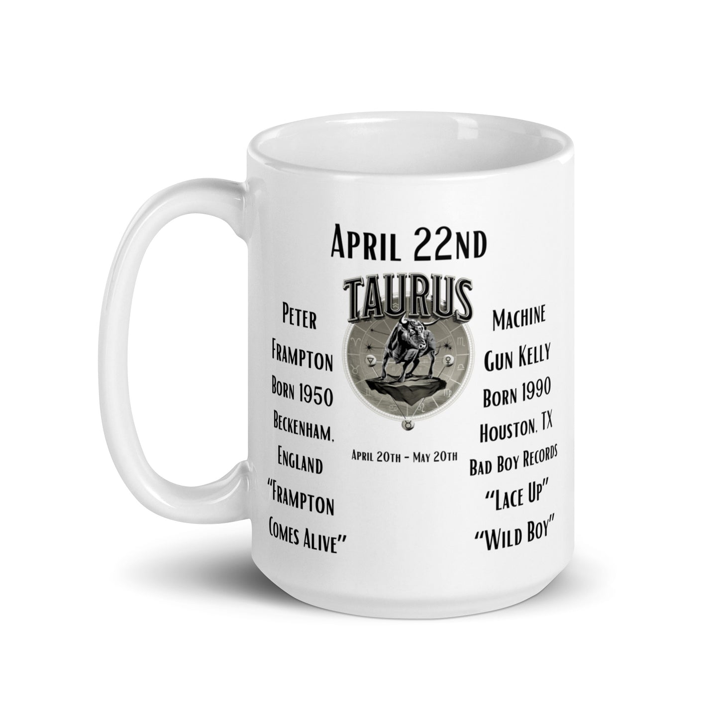 On This Day: Birthday Series - April 22nd - (B) Peter Frampton & Machine Gun Kelly - White glossy mug