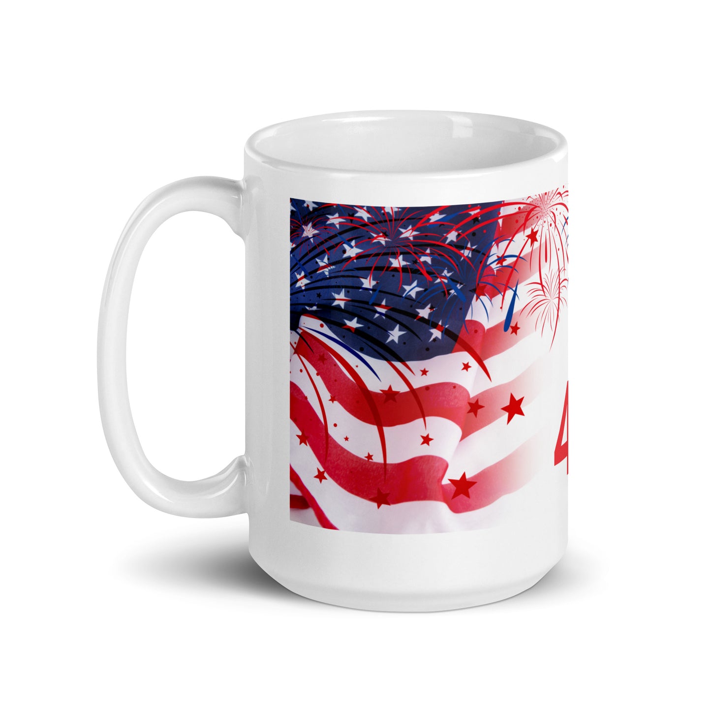 4th of July #02 "Happy 4th of July" w/ Flag & Fireworks Full Wrap White Glossy Mug