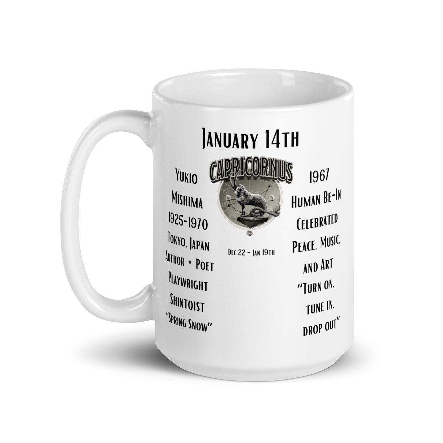 On This Day: Birthday Series - January 14th - (D) Yukio Mishima & Human Be-In Event - White glossy mug