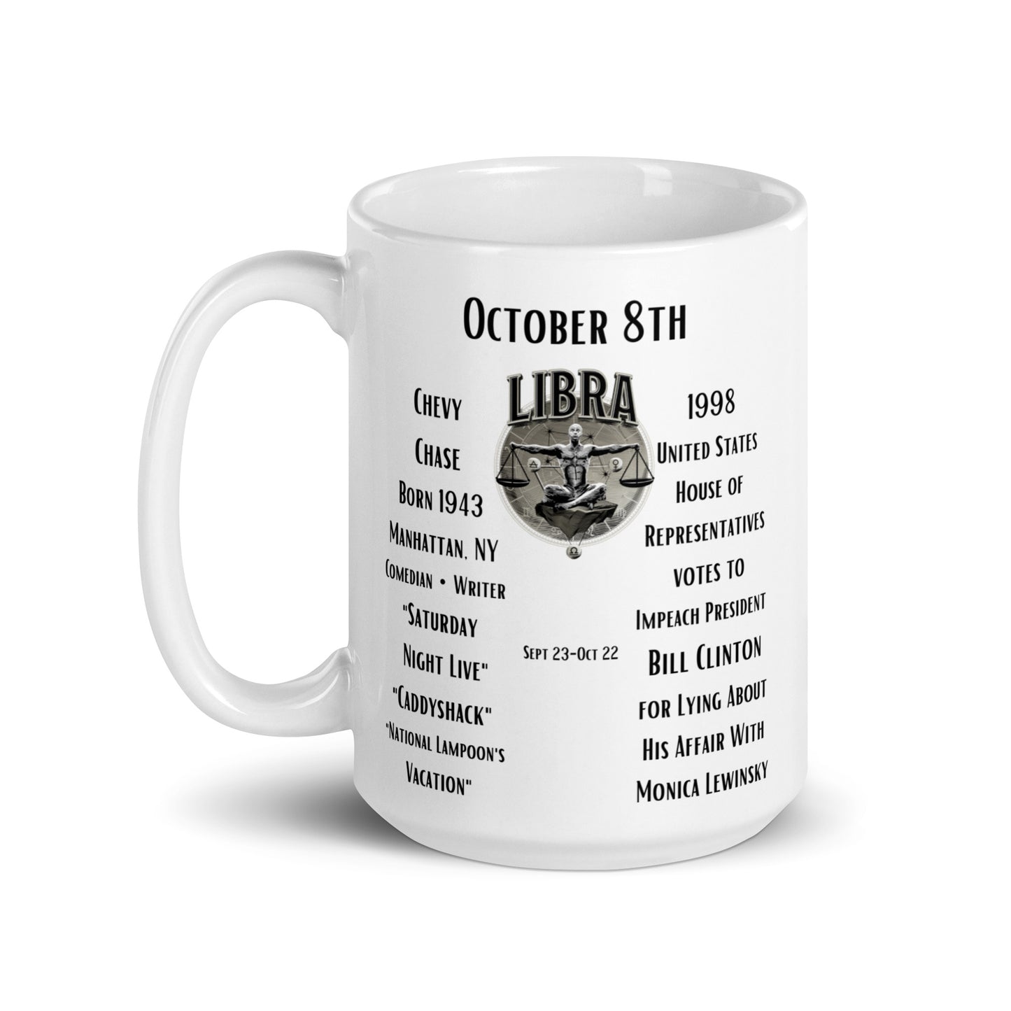 On This Day: Birthday Series - October 08th - (B) Chevy Chase & President Clinton - White glossy mug