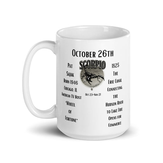 On This Day: Birthday Series - October 26th - (A) Pat Sajak & The Erie Canal -White glossy mug