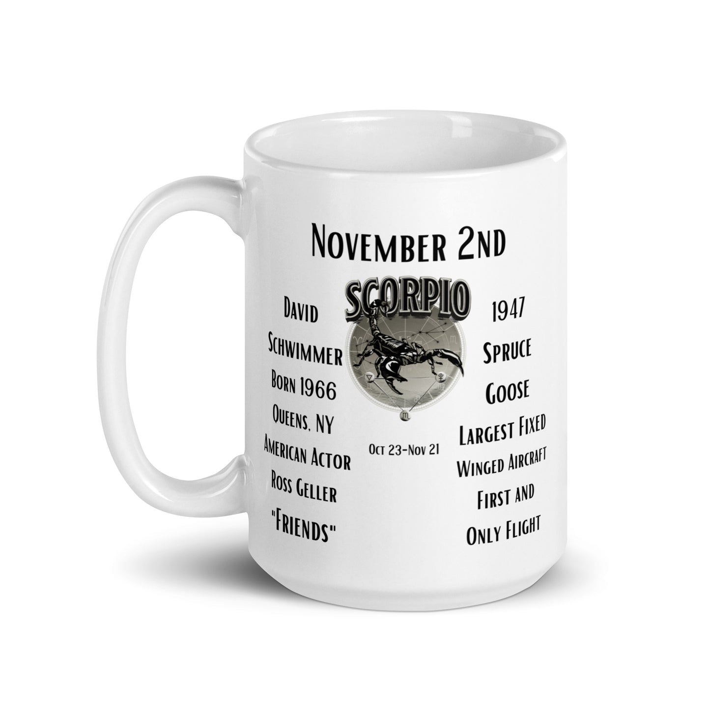 On This Day: Birthday Series - November 02nd - (B) David Schwimmer & The Spruce Goose - White glossy mug