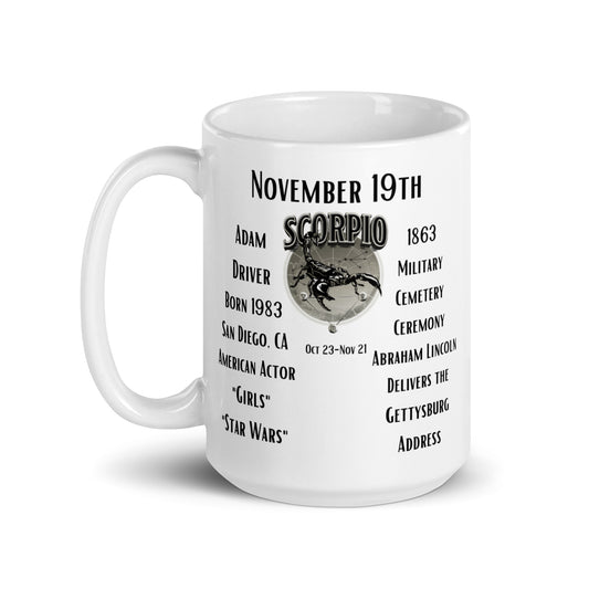 On This Day: Birthday Series - November 19th - (C) Adam Driver & Abraham Lincoln - White glossy mug