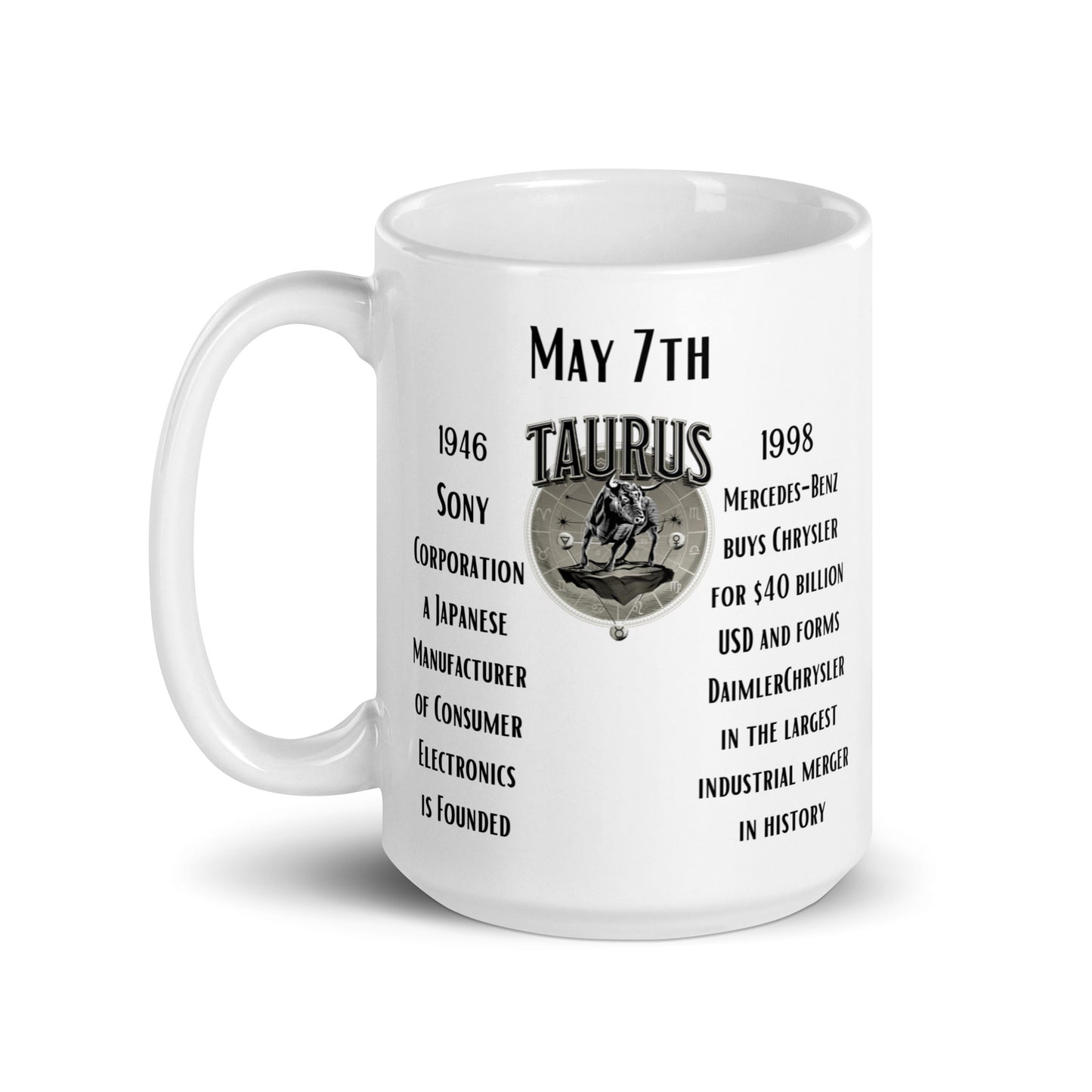 On This Day: Birthday Series - May 07th - (B) Sony Corporation was Founded & Mercedes Benz Purchased Chrysler - White glossy mug