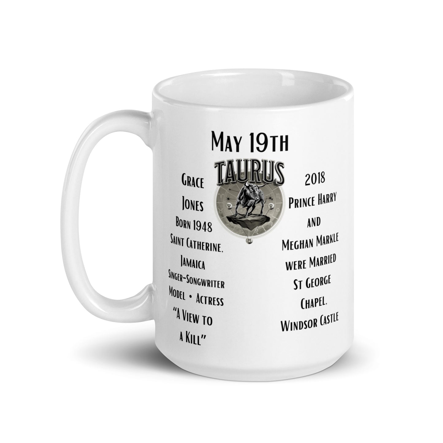 On This Day: Birthday Series - May 19th - (B) Grace Jones & Prince Harry and Meghan Markle - White glossy mug