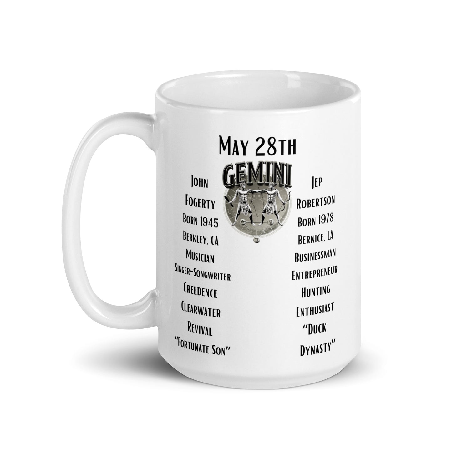 On This Day: Birthday Series - May 28th - (A) John Fogerty & Jep Robertson - White glossy mug