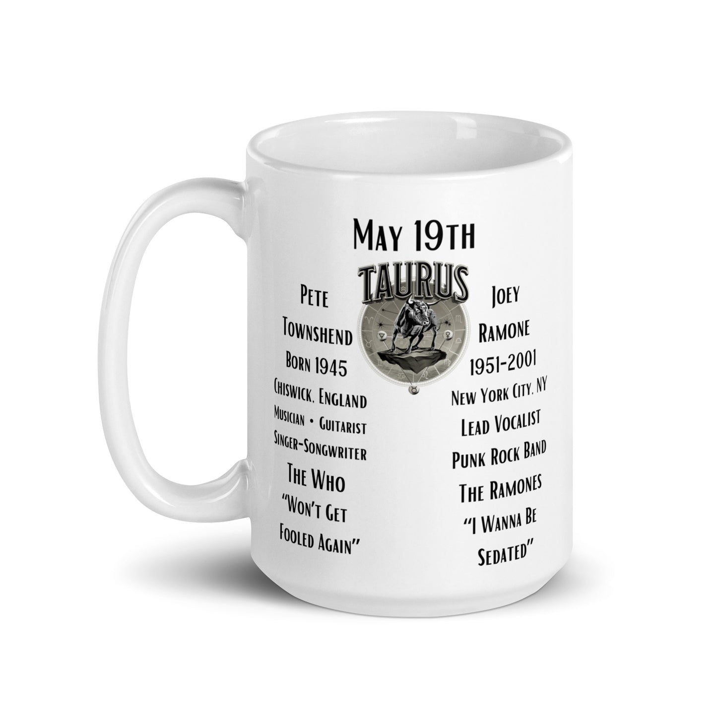 On This Day: Birthday Series - May 19th - (A) Pete Townshend & Joey Ramone - White glossy mug