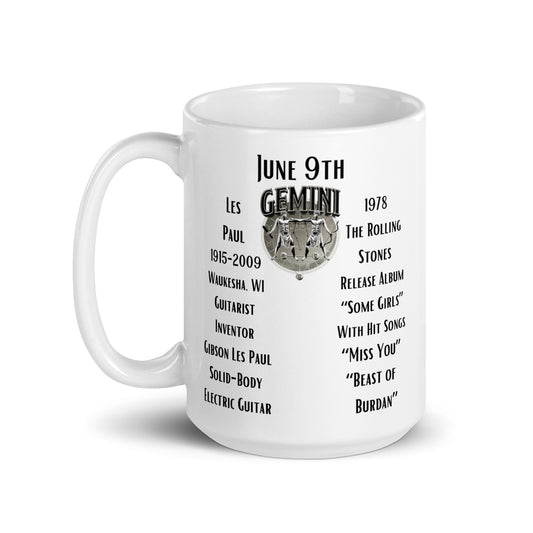 On This Day: Birthday Series - June 09th - (A) Les Paul & The Rolling Stones - White glossy mug