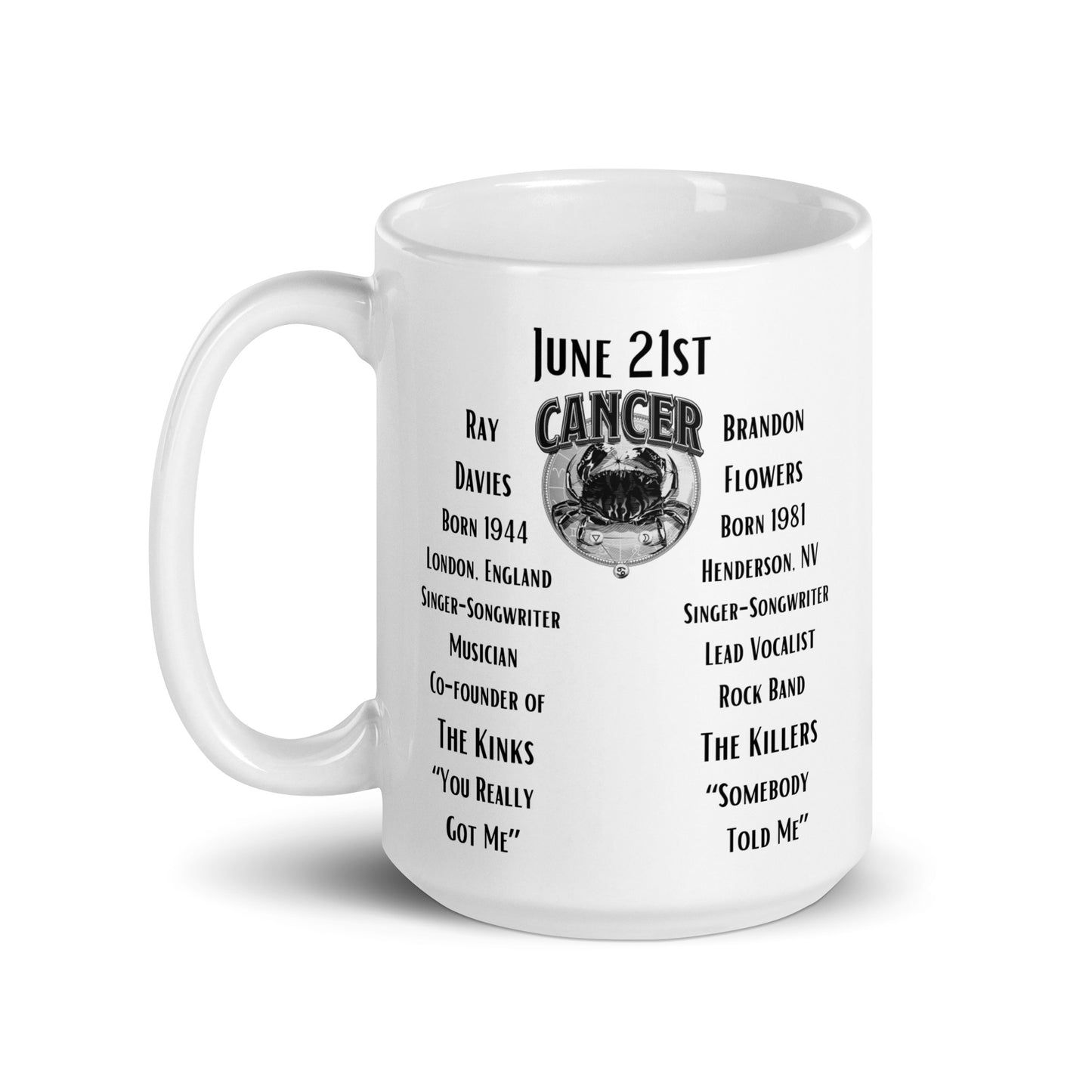 On This Day: Birthday Series - June 21st - (B) Ray Davies & Brandon Flowers - White glossy mug