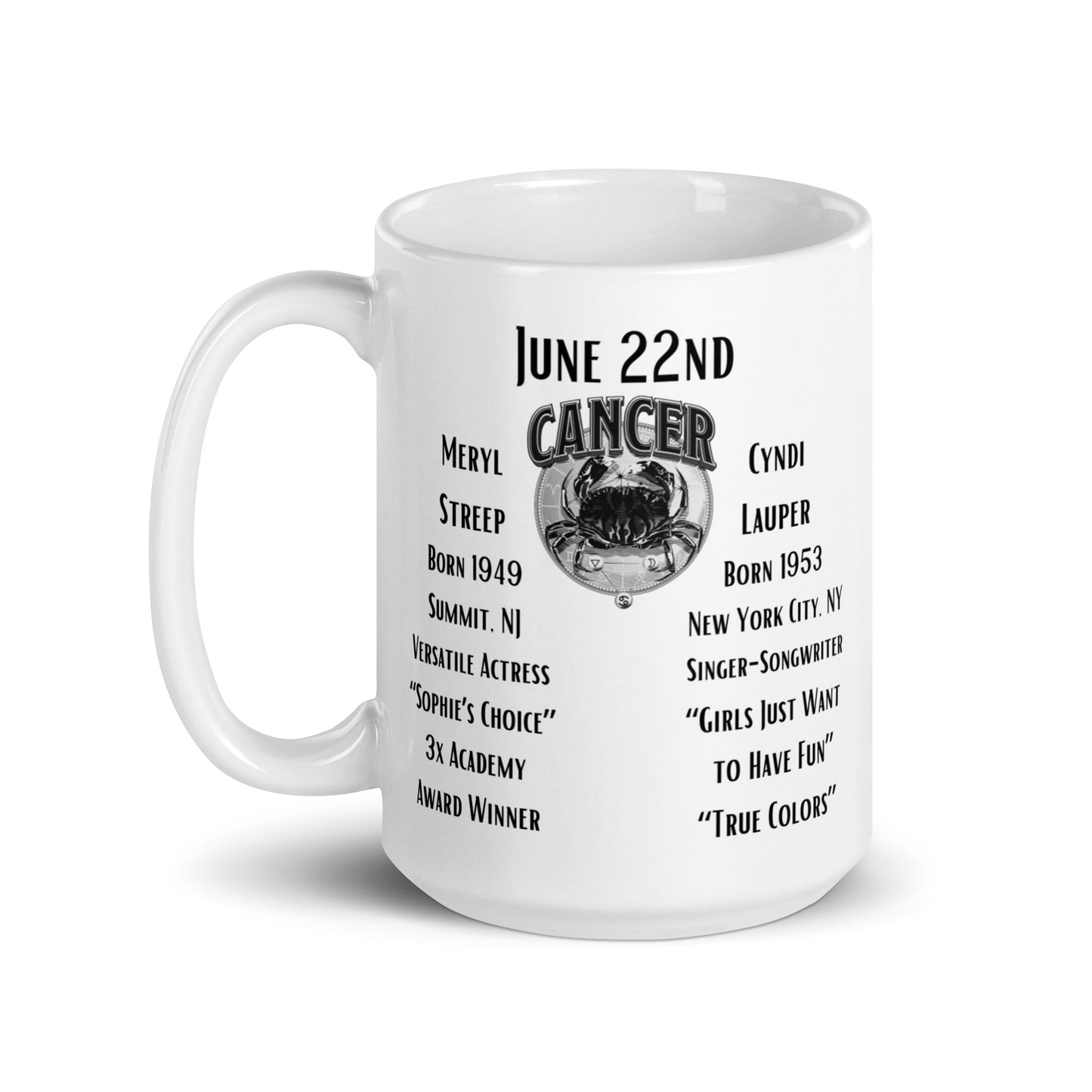 On This Day: Birthday Series - June 22nd - (B) Meryl Streep & Cyndi Lauper - White glossy mug