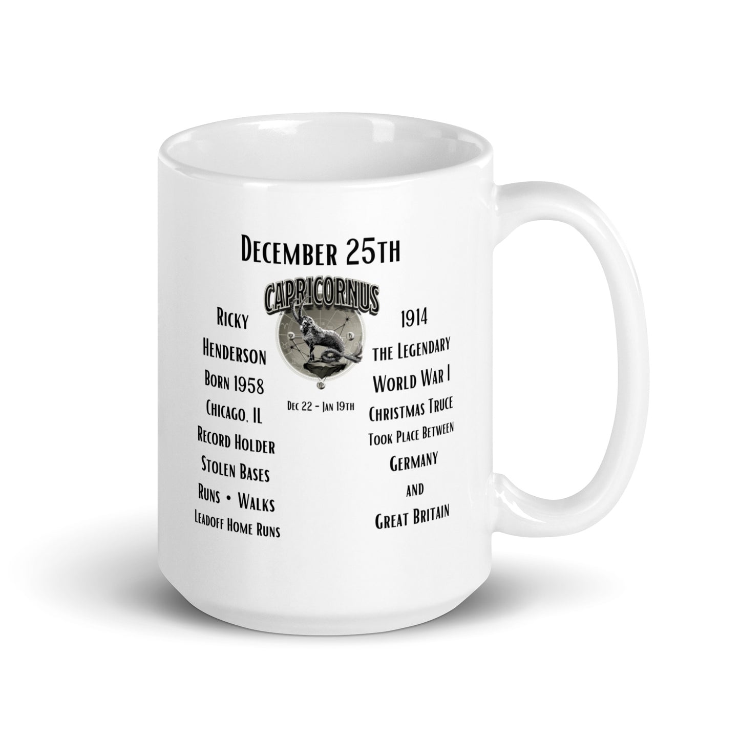 On This Day: Birthday Series - December 25th - (A) Ricky Henderson & World War 1 Christmas Truce - White glossy mug