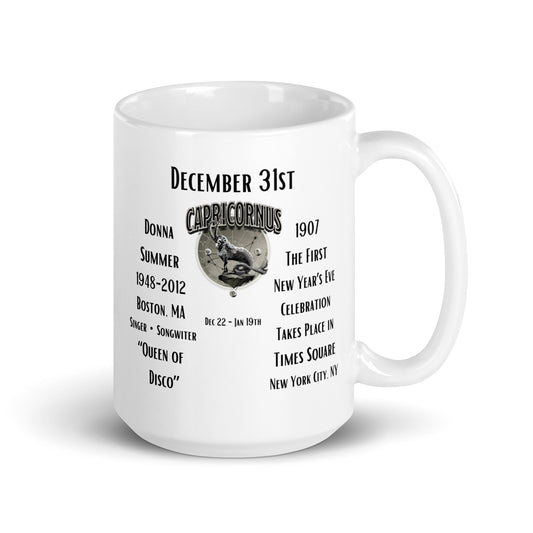 On This Day: Birthday series - December 31st - (B) Donna Summer & Time Square - White glossy mug